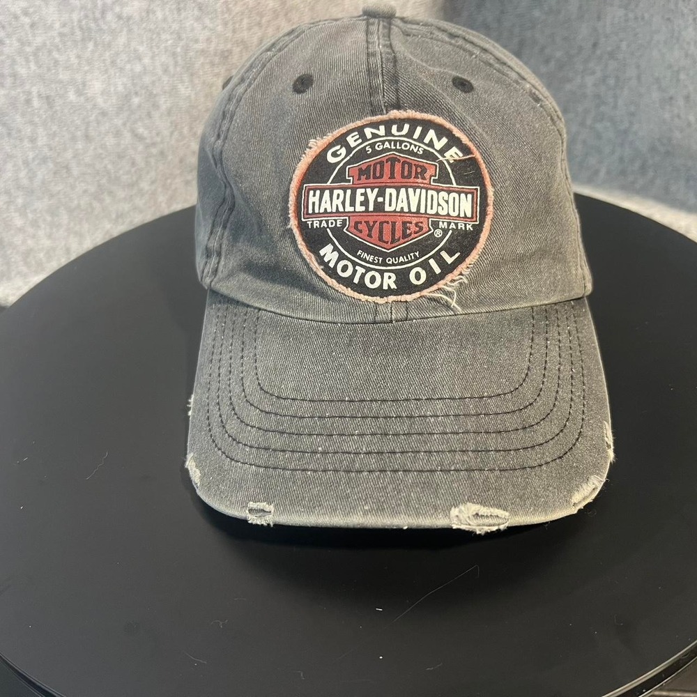 Harley Davidson Mens Distressed Genuine Motor Oil Biker Trucker Hat Grey Black - Picture 1 of 8